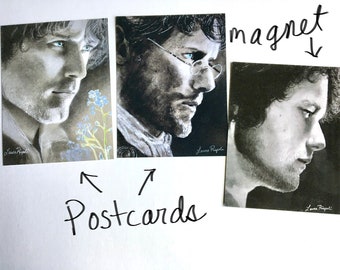 fridge magnet & postcards- 1 magnet of charcoal drawing Blue Eyes profile portrait by Laura Rispoli Art + 2 postcards