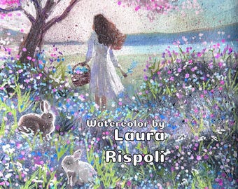 Original or print or Cards of watercolor painting by Laura Rispoli  Scottish landscape picking wildflowers highlands girl forget me nots art