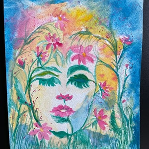 Original Watercolor Flower Face 2 Illusion Painting by Laura Rispoli art