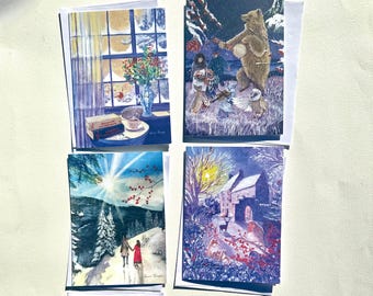 5x7 Greeting Cards with envelopes of watercolor paintings by Laura Rispoli winter snow woodland Ridge Forest Set Christmas outlander holiday