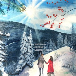 5x7 Greeting Cards with envelopes of watercolor painting by Laura Rispoli Snow and Sunshine Winter Forest Set Christmas Holiday Notecards image 1