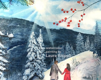 PRINT or cards or postcards of WATERCOLOR painting Laura Rispoli Snow & Sunshine Winter Forest walking holding hands Christmas art love gift