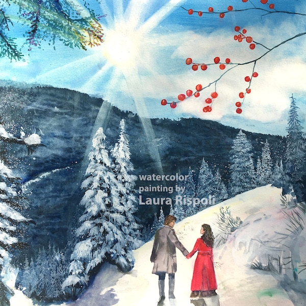 PRINT or cards or postcards of WATERCOLOR painting Laura Rispoli Snow & Sunshine Winter Forest walking holding hands Christmas art love gift