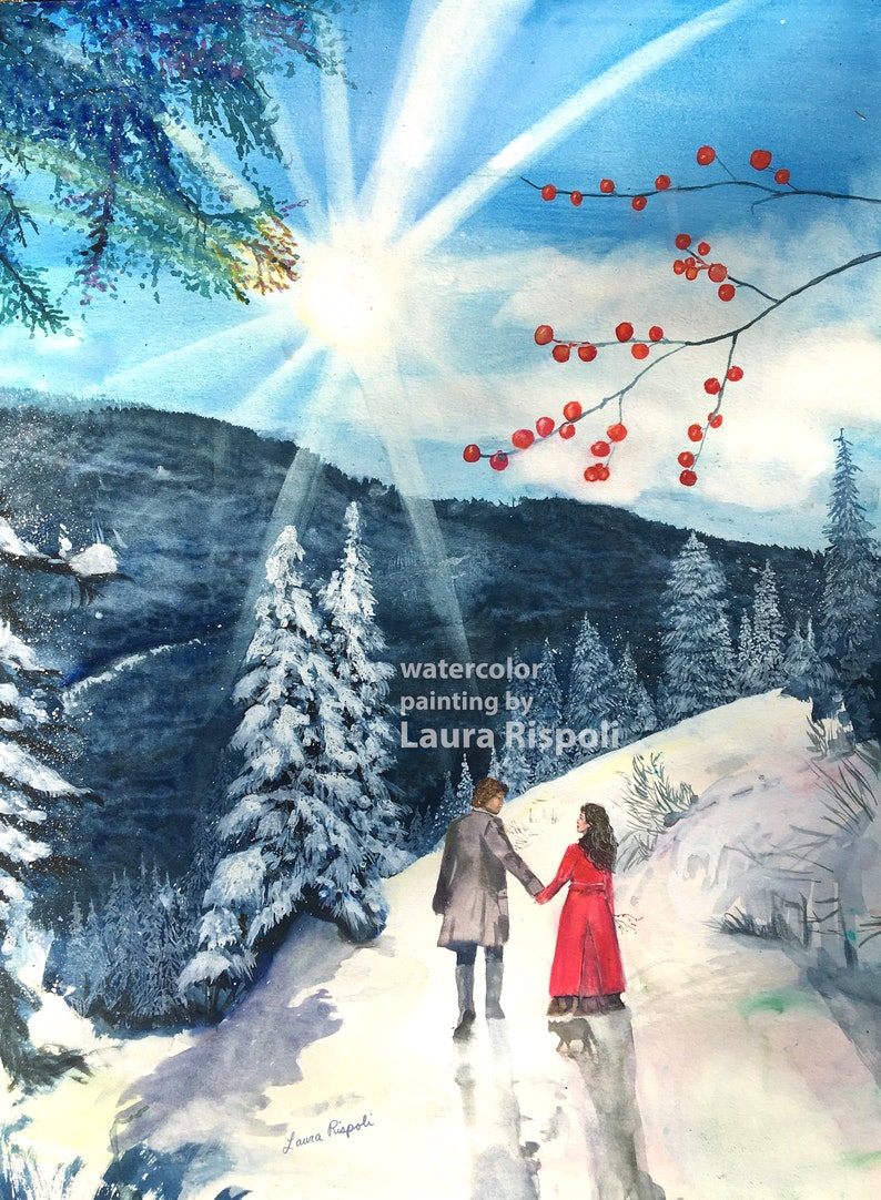 5x7 Greeting Cards with envelopes of watercolor painting by Laura Rispoli Snow and Sunshine Winter Forest Set Christmas Holiday Notecards image 1