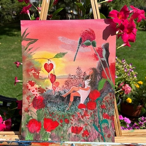 Pintura de acuarela original o impresa o en tarjetas de Laura Rispoli Corazón sangrante Libélula soñando amapolas rojas nomeolvides piedras arte