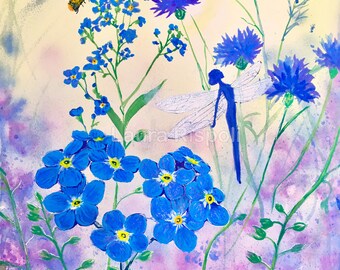 Original or Print or cards of painting by Laura Rispoli dragonfly fairy forget me nots flowers thistles cornflower art whimsical notecards