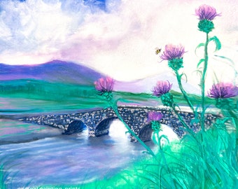 Original or Print or Cards of painting by Laura Rispoli Over the Sea to Skye Bee art watercolor thistles stone bridge river clouds sky green