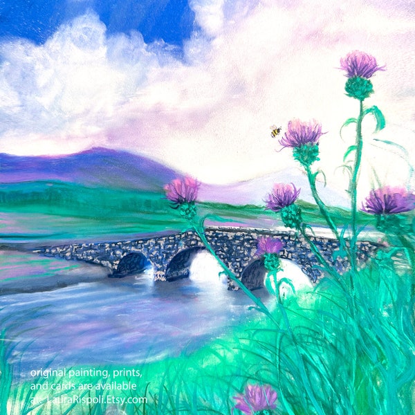 Original or Print or Cards of painting by Laura Rispoli Over the Sea to Skye Bee art watercolor thistles stone bridge river clouds sky green