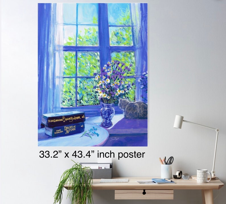 Print or Cards or postcards of painting by Laura Rispoli Blue Vase Window gray cat windowsill light green daisies thistles art prints cards image 5