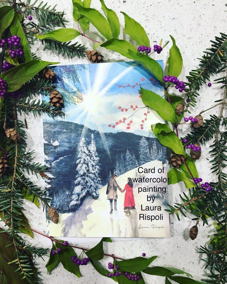 5x7 Greeting Cards with envelopes of watercolor painting by Laura Rispoli Snow and Sunshine Winter Forest Set Christmas Holiday Notecards image 3