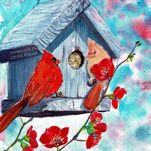 Stampa o biglietti di auguri di Laura Rispoli che dipinge Home cardinali uccellini casetta per uccelli, fiori di ciliegio rossi arte, stampe, biglietti