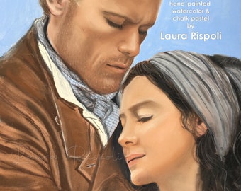 May include: A hand-painted watercolor and chalk pastel portrait of a couple. The man is wearing a brown jacket and the woman is wearing a light blue shirt and a gray headband. The text "hand-painted watercolor & chalk pastel by Laura Rispoli" is visible in the image.