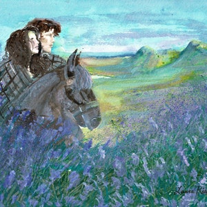 Impression ou cartes ou cartes postales de peinture à l'aquarelle Laura Rispoli - Art de l'île de Skye Équitation Paysage écossais mer fleurs sauvages violettes