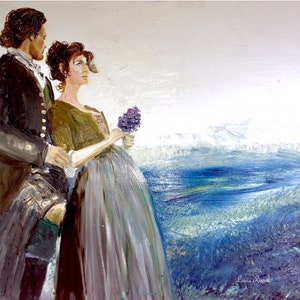 Impression ou cartes ou cartes postales de peinture à l'huile par art Laura Rispoli art bouquet des Highlands écossais estampes couple romantique tenant des paysages