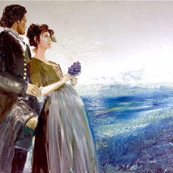 Print or cards or postcards of Oil painting by Laura Rispoli art Scottish Highlands Bouquet art prints romantic couple holding landscapes