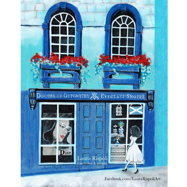 Print of Eyeglass shoppe Dr of optometry painting by Laura Rispoli Scottish Edinburgh cute blue Shop art prints red flowers windows boxes