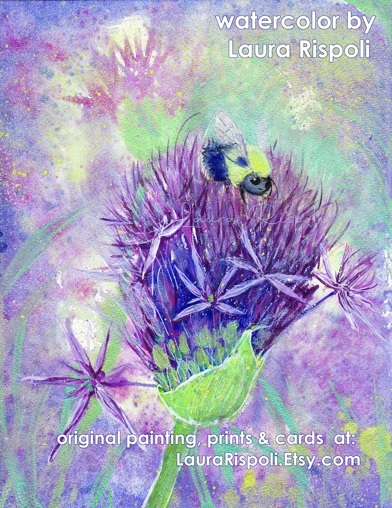 Original or Print or cards of painting by Laura Rispoli Happy Bumblebee on allium flower purple thistle lavender wildflower watercolor art image 1