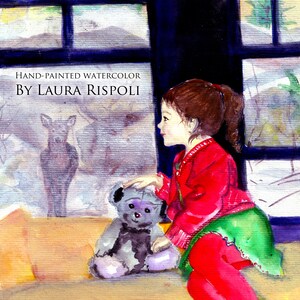 Impresión o tarjetas de Deer Winter Window, pintura en acuarela, arte de Laura Rispoli Niño con ciervo osito de peluche