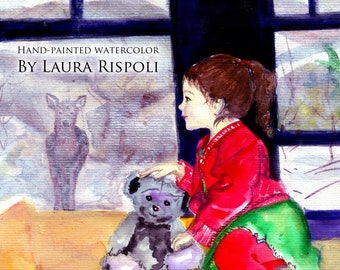 Print or cards of Deer Winter Window watercolor painting art by Laura Rispoli Child with teddy bear deer