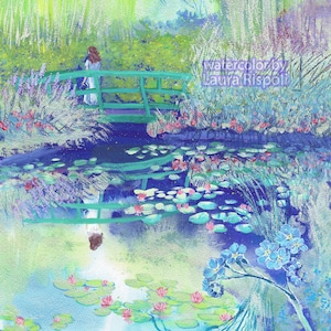 Original o Impresión o Tarjetas de pintura de Laura Rispoli Nenúfares Jardín Viajero Monet Jardín Estanque Giverny Francia No me olvides arte
