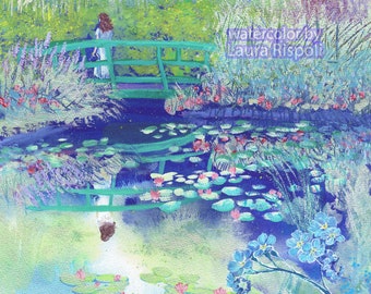 Original or Print or Cards of painting by Laura Rispoli Water Lilies Garden Traveler Monet Garden Pond Giverny France Forget me not art