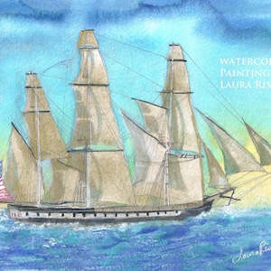 Druck oder Karten oder Postkarten Original-Aquarell von Laura Rispoli u.s.s Verfassung Schiff uss historische amerikanische Volkskunst