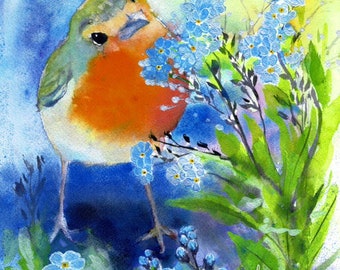 Folded NOTECARDS with envelopes of watercolor painting by Laura Rispoli Robin red breast Forget Me Nots European bird flowers greeting cards