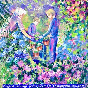 Original ou impressão ou cartões de pintura de Laura Rispoli mãe avó avó filhos netos jardim plantando flores grandiosa arte