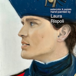 Impresión o tarjetas o postales de pintura original de Laura Rispoli, soldado británico William, batalla de guerra revolucionaria, arte de retrato de Outlander