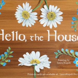impression en papier ou cartes de correspondance de Laura Rispoli, peinture Bonjour la maison, impressions d'art de fleurs, bois peint, enseigne sur papier, art floral
