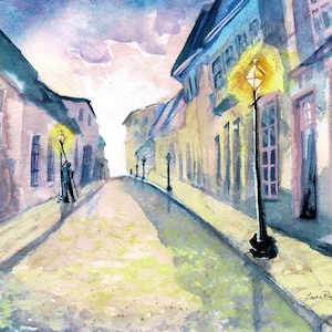 Original or print of watercolor painting by Laura Rispoli 8x10 inch Lamplighter on a cobblestone street