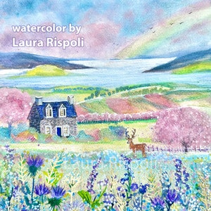 Wydruk lub karty akwareli autorstwa Laury Rispoli Rainbow Cottage osty jelenie szkockie wyżyny sztuka ludowa krajobraz morze Szkocja