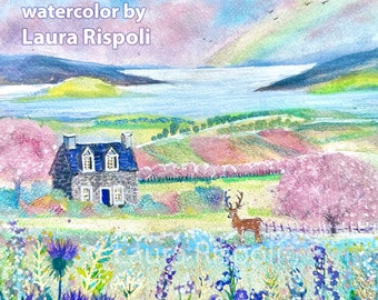 Print or Cards of watercolor painting by Laura Rispoli Rainbow Cottage thistles deer Scottish highlands folk art landscape sea Scotland