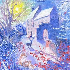 Original ou impressão ou cartões de pintura de Laura Rispoli Castelo de Midhope Lallybroch Raposa da neve Robin pássaro veado veado Outlander arte de cartão de Natal