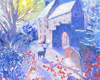 Original or Print or Cards of painting by Laura Rispoli Midhope castle Lallybroch Snow Fox Robin bird deer stag Outlander Christmas card art