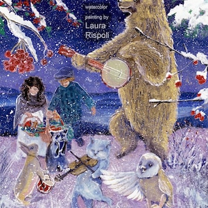 5x7 biglietti con buste di pittura ad acquerello Laura Rispoli Vacanze di Natale danzanti animali del bosco musica ceilidh band country jamboree