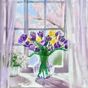 Original oder Druck oder Karten der Malerei von Laura Rispoli violette Tulpen Fensterkunst lavendel Glasvase sonnig Sommer sonnige Notekarten schiere