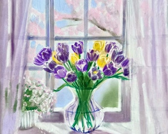 Origineel of print of kaarten van schilderij door Laura Rispoli paarse tulpen raamkunst lavendel glazen vaas zonnige zomerbloemen notitiekaarten puur