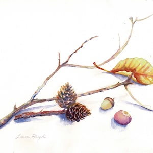 Original oder Druck von Malerei Laura Rispoli Herbst Herbst Blätter Eicheln Stillleben Zweige Blatt Farben Bilder Wand Kunst Aquarell