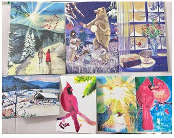 7 Greeting Cards w/ envelopes of watercolor paintings by Laura Rispoli winter snow woodland Forest Set Christmas Holiday red birds cardinals