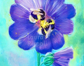 Original or Print or cards of painting by Laura Rispoli pastels Bees Sleeping Inside Hollyhock Flower cute holding feet bumblebees art