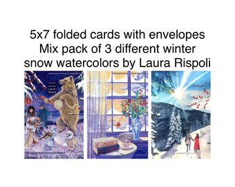 5x7 Greeting Cards with envelopes of watercolor paintings by Laura Rispoli winter snow woodland Ridge Forest Set Christmas animals Notecards