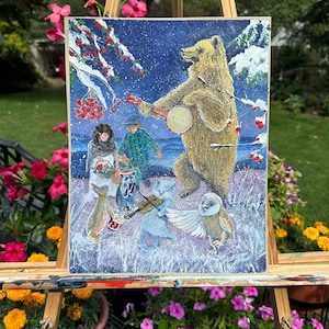Pintura original o impresa o tarjetas Laura Rispoli Blue Ridge bailando Animales tocando música Banda Ceilidh Cat Fiddle Arte navideño de invierno