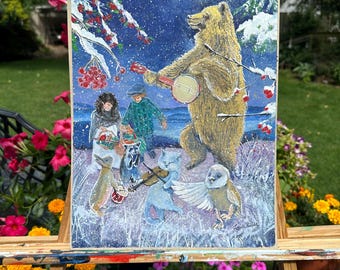 Original or Print or cards painting Laura Rispoli Blue Ridge dancing Animals playing music Ceilidh band Cat Fiddle Christmas winter art post
