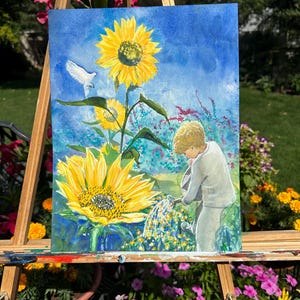 Original oder Druck oder Karten von Aquarell Malerei von Laura Rispoli Peace Liebe Sonnenblumen junge im Garten Gießkanne Pflanzen Güte Taube Blumen