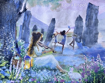 Print or Cards of watercolor painting by Laura Rispoli standing stones dancing Scottish fiddle music highlands Scotland girl art