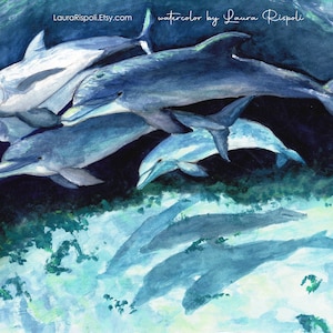 Original oder Druck oder Karten von Malerei Laura Rispoli Delfine Familie Unterwasser Schatten Licht Aquarell blau aqua marine Kunst süße Tiere