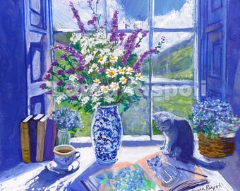 Original or Print or cards of painting by Laura Rispoli Blue Vase Window Forget Me Nots Daisies purple flowers Scottish Loch View Cat art