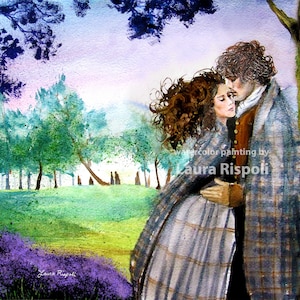 Impression d'une peinture à l'aquarelle de Laura Rispoli - Amour deux menhirs impression d'art romantique des highlands écossais Ecosse cartes postales ou cartes