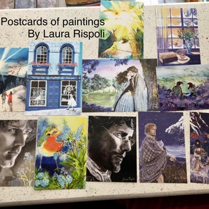 Lot varié de CARTES POSTALES d'oeuvres d'art de Laura Rispoli, dessins et peintures sur impressions d'art de cartes pour lettres plates de 5 x 7 et 4,25 x 6 et 4,25 x 4,5 pouces